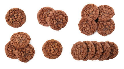 Set with delicious chocolate chip cookies on white background, top view