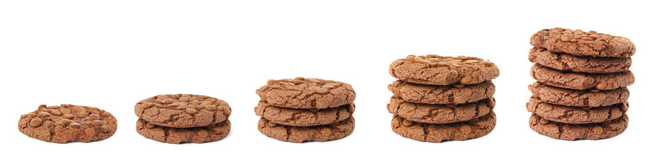 Set with delicious chocolate chip cookies on white background. Banner design