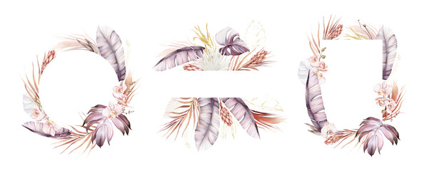 Watercolor tropical frames set, invitation design for wedding or greeting card. Floral frames with palm leaves, tropical blooms. . High quality illustration