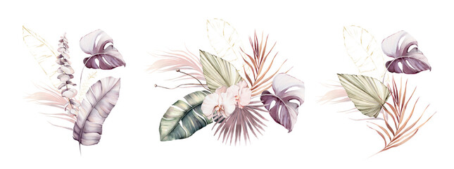 Watercolor summer invitations bouquets with hand painted tropical pink flowers, branches of violet, brownleaves. Romantic floral bouquet perfect for wedding greeting cards, invitation and more. High