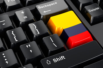 Colombian flag painted on computer keyboard. Online business, education, shopping in Colombia concept. 3D rendering