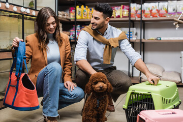 Cheerful multiethnic couple choosing animal cage and bag near poodle in pet shop