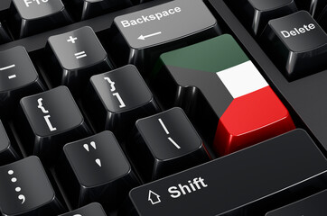 Kuwaiti flag painted on computer keyboard. Online business, education, shopping in Kuwait concept. 3D rendering