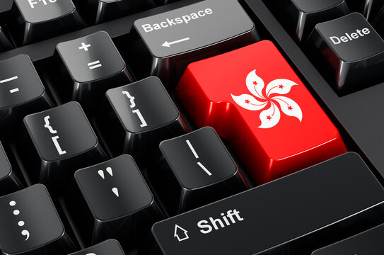 Hong Kong flag painted on computer keyboard. Online business, education, shopping in Hong Kong concept. 3D rendering