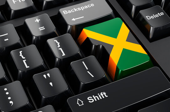 Jamaican flag painted on computer keyboard. Online business, education, shopping in Jamaica concept. 3D rendering