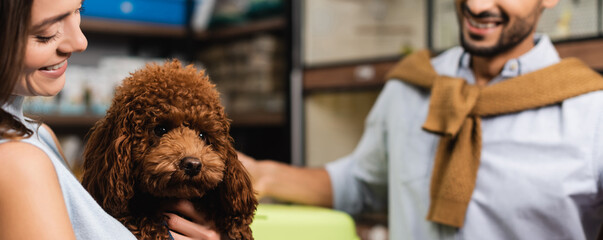 Positive woman holding poodle near blurred boyfriend in animal shop, banner