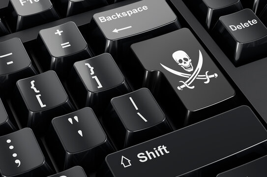 Piracy flag painted on computer keyboard. 3D rendering