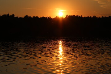 Sunset on the lake, silhouette of trees against the orange sky on a summer evening