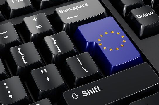 The EU flag painted on computer keyboard. Online business, education, shopping in the European Union concept. 3D rendering