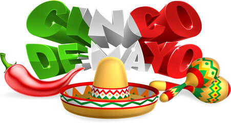 Cinco De Mayo Sign Sombrero Maracas and Pepper