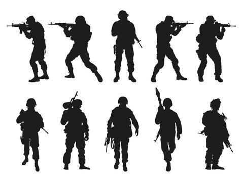 Army soldiers with rifle silhouette vector collection. Editable vector foreground silhouettes of standing soldiers on patrol, with shapes as small elements.