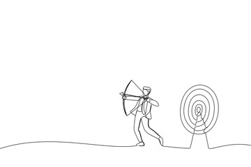 Illustration of blindfold businessman look for target in wrong direction. One continuous line art style