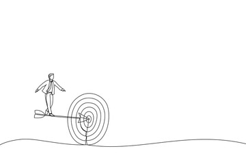 Cartoon of businessman standing on the arrow hit the target. the business concept of accuracy and purpose. Single continuous line art style