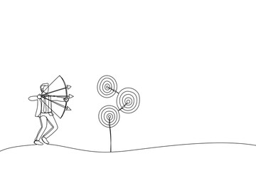 Drawing of businessman aiming multiple bows on three targets. Metaphor for multitasking or multiple purpose strategy, aiming for many targets or goal. Single line art style