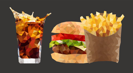 Hamburger french fries and water. Vector illustration. triangulation style.