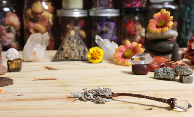 Sage in Vintage Spoon on Meditation Altar With Pyramid in Background