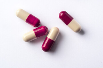 Drug prescription for treatment medication. Pharmaceutical medicament,  Pharmacy theme, Heap of red white medicament