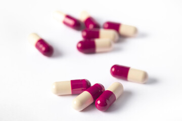 Drug prescription for treatment medication. Pharmaceutical medicament,  Pharmacy theme, Heap of red white medicament