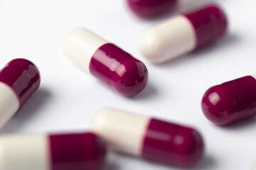 Drug prescription for treatment medication. Pharmaceutical medicament,  Pharmacy theme, Heap of red white medicament
