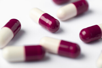 Drug prescription for treatment medication. Pharmaceutical medicament,  Pharmacy theme, Heap of red white medicament