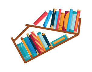 Bookshelf with colorful books. Back to school and education study wall concept. Library interior element. Flat reading books illustration