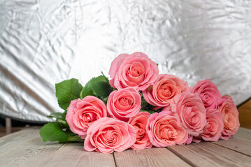 Roses on wooden board, Valentines Day background, wedding day
