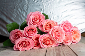 Roses on wooden board, Valentines Day background, wedding day