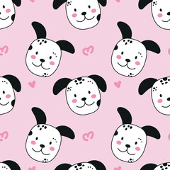 Dalmatian seamless pattern, dog texture, spotted puppy background, pet wallpapers, muzzle endless ornament, children design repeating print on pink for textiles, wrapping paper, fabric, decoration