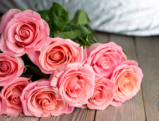 Roses on wooden board, Valentines Day background, wedding day