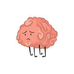 Brain character emotion. Intelligence emoji is sad. Cute hero brain emoji isolated on white background. Funny cartoon emoticon