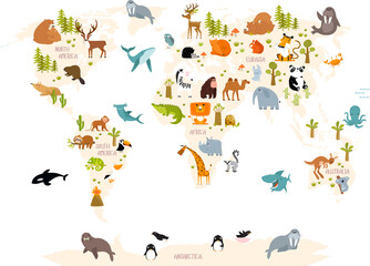 Obraz premium Print. Map of the world with cartoon animals for kids. Eurasia, South America, North America, Australia and Africa.