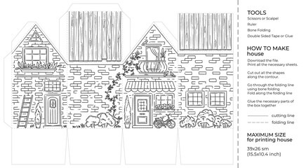 Kids craft paper house coloring page. Cut and glue cartoon 3D toy doll house. Printable template - 526284150