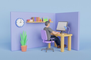 3D Man sitting in front of laptop, man work on computer. employee in a suit working on a laptop computer at his clean and sleek office desk. 3d rendering