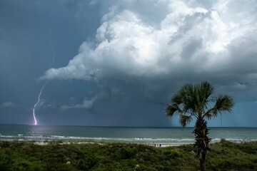 Lightning nd the storm over the Atlantic ocean in Florida