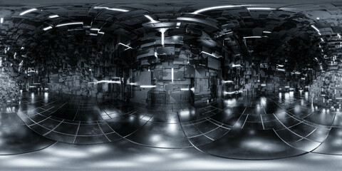 360 degree full panorama environment map of abstract cubic design with metallic technology surface building empty wall room studio interior 3d render illustration hdri hdr vr virtual reality content