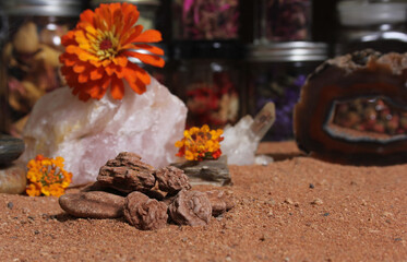 Chakra Stones on Australian Red Sand With Agatized Coral in Background