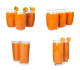 Set with freshly made carrot juice on white background