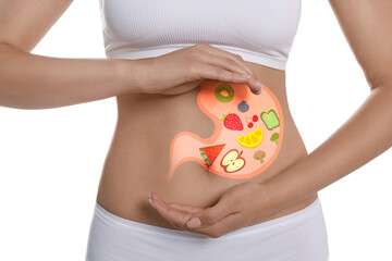 Woman with image of stomach full of food drawn on her belly against white background, closeup....