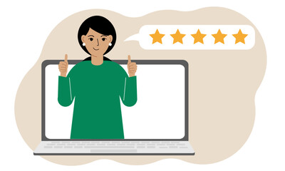 User reviews. Laptop with a woman with thumbs up. Customer Review, Online Review, Star Rating, Feedback. Rating bubble. Vector flat illustration.