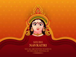 Happy Navratri, Beautiful vector illustration of goddess Maa Durga on Red paper cut background.