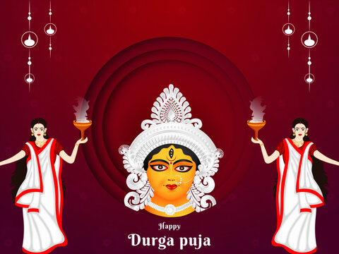Illustration of lady performing Dhunchi dance and face of Maa durga in Happy durga puja shubh Navratri indian fstival celebration.