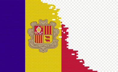 Andorra flag on broken brick wall. Empty flag field of another country. Country comparison. Easy editing and vector in groups.