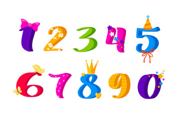 Cute colorful numbers set. Good design element for cards, kid's illustrations, invitations, birthday cakes. 
