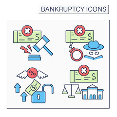 Bankruptcy color icons set. Laws, fraud, debt relief, court. Economy collapse concept. Isolated vector illustrations 