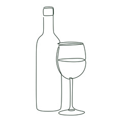 Wine bottle and glass goblet, vector isolated line art illustration with endless line.