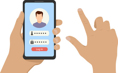 Vector smartphone in male hands with a page of login to the personal account isolated on white