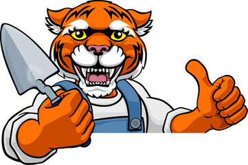 Tiger Bricklayer Builder Holding Trowel Tool