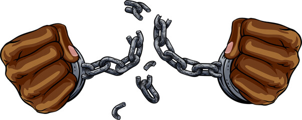 Hands Breaking Chain Shackles Cuffs Freedom Design - obrazy, fototapety, plakaty