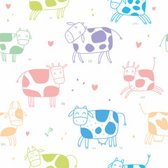 Hand-drawn pattern of cute cows. Vector illustration of farm animals drawn in the style of doodles.