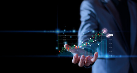 Business growing Concept. Businessman holding show stock chart up. profit from business, marketing strategy, investment planning, online digital business success, analyze economic trends. stock graph.